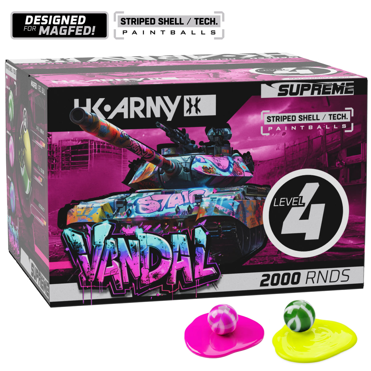 HK ARMY VANDAL | Level 4 "MAGFED - Striped Shell / Tech" Paintballs (Bolas de Pintura para MAGFED con Cascara Rayada) - .68 Cal.